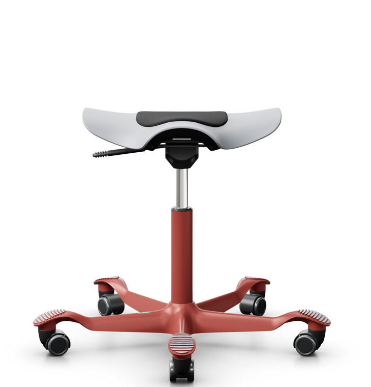 HAG Capisco Puls 8001, Pauly Vinyl Black Seat Pad Upholstery, Light Grey Shell, Blush Rose Frame and Base, Front View HAG Capisco Puls 8001, Pauly Vinyl Black Seat Pad Upholstery, Light Grey Shell, Blush Rose Frame and Base, Front View