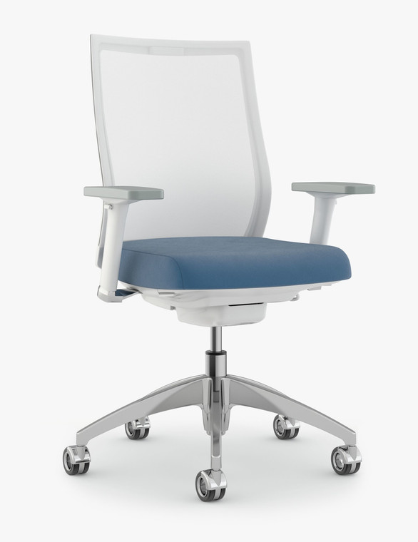 Kimball Helio High Performance Tasker, White Mesh and Frame, Height Adjustable Arms, Platinum Metallic Base, Halo Caster, 3/4 Front View Kimball Helio High Performance Tasker, White Mesh and Frame, Height Adjustable Arms, Platinum Metallic Base, Halo Caster, 3/4 Front View