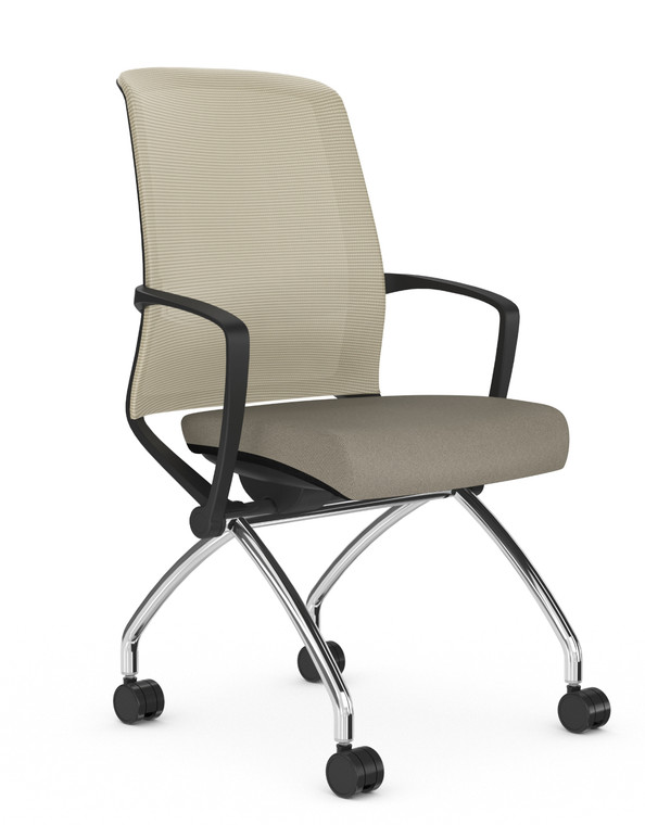 AMQ Tizu Training & Nesting Chair, Sable Mesh Back, Black Frame with Chrome Base, Optional Fixed Arms, 3/4 Front View AMQ Tizu Training & Nesting Chair, Sable Mesh Back, Black Frame with Chrome Base, Optional Fixed Arms, 3/4 Front View
