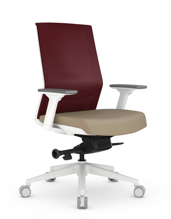 AMQ Zilo White Frame Ergonomic Task Chair, Merlot Mesh Back, White Frame and Base, Optional 3-Way Arms, 3/4 Front View AMQ Zilo White Frame Ergonomic Task Chair, Merlot Mesh Back, White Frame and Base, Optional 3-Way Arms, 3/4 Front View