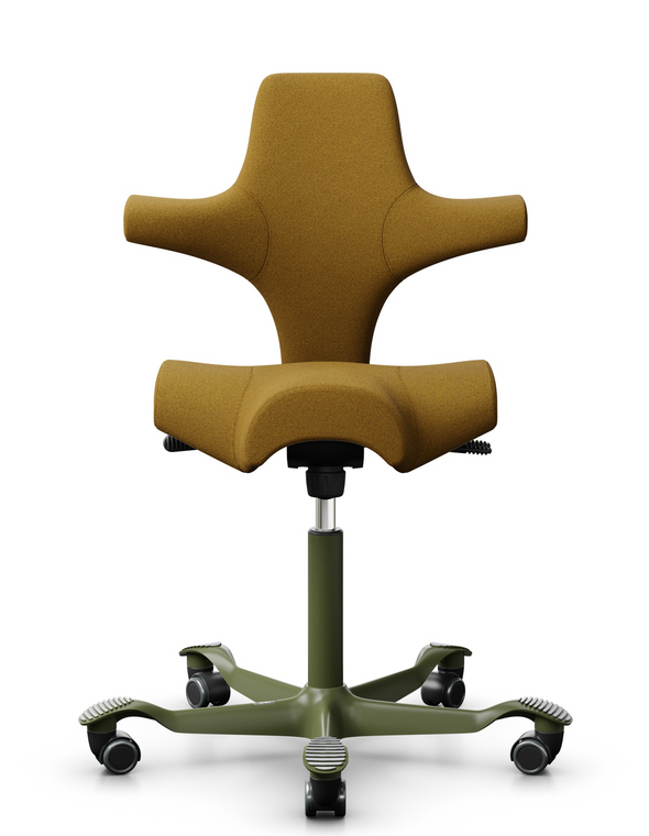HAG Capisco 8106 / 15 Day Standard Ship, Gabriel Capture Ochre Upholstery, Moss Frame and Base Finish, Front View HAG Capisco 8106 / 15 Day Standard Ship, Gabriel Capture Ochre Upholstery, Moss Frame and Base Finish, Front View