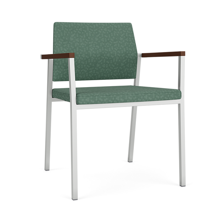 Lesro Avon Fully Upholstered Guest Chair, Emerge Aloe Upholstery, Silver Frame Finish, Walnut Laminate Armcaps, 3/4 Front View Lesro Avon Fully Upholstered Guest Chair, Emerge Aloe Upholstery, Silver Frame Finish, Walnut Laminate Armcaps, 3/4 Front View