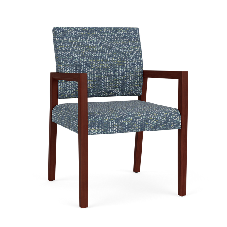 Lesro Brooklyn Guest Chair, Reframe Serene Upholstery, Mahogany Wood Frame, 3/4 Front View Lesro Brooklyn Guest Chair, Reframe Serene Upholstery, Mahogany Wood Frame, 3/4 Front View