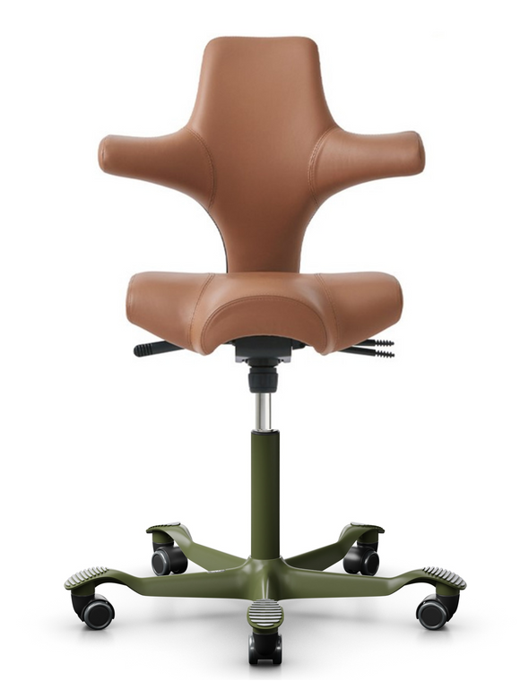 HÅG Capisco 8106 All-Leather Saddle Chair, NEW Moss Frame and Base, Front View HÅG Capisco 8106 All-Leather Saddle Chair, NEW Moss Frame and Base, Front View
