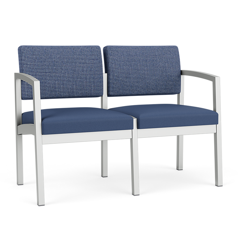 Lesro Lenox Steel Two Seat Sofa, Huron Scooner Back Upholstery, Silvertex Sapphire Seat Upholstery, Silver Frame Finish, 3/4 Front View Lesro Lenox Steel Two Seat Sofa, Huron Scooner Back Upholstery, Silvertex Sapphire Seat Upholstery, Silver Frame Finish, 3/4 Front View