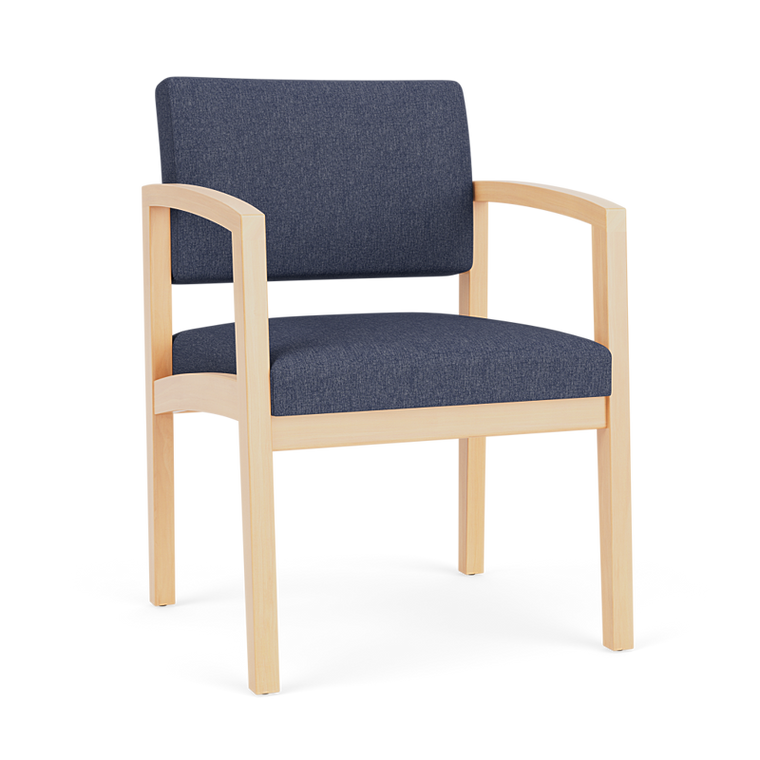 Lesro Lenox Wood Guest Chair, Linette Vinyl Denim Upholstery, Natural Frame Finish, 3/4 Front View Lesro Lenox Wood Guest Chair, Linette Vinyl Denim Upholstery, Natural Frame Finish, 3/4 Front View