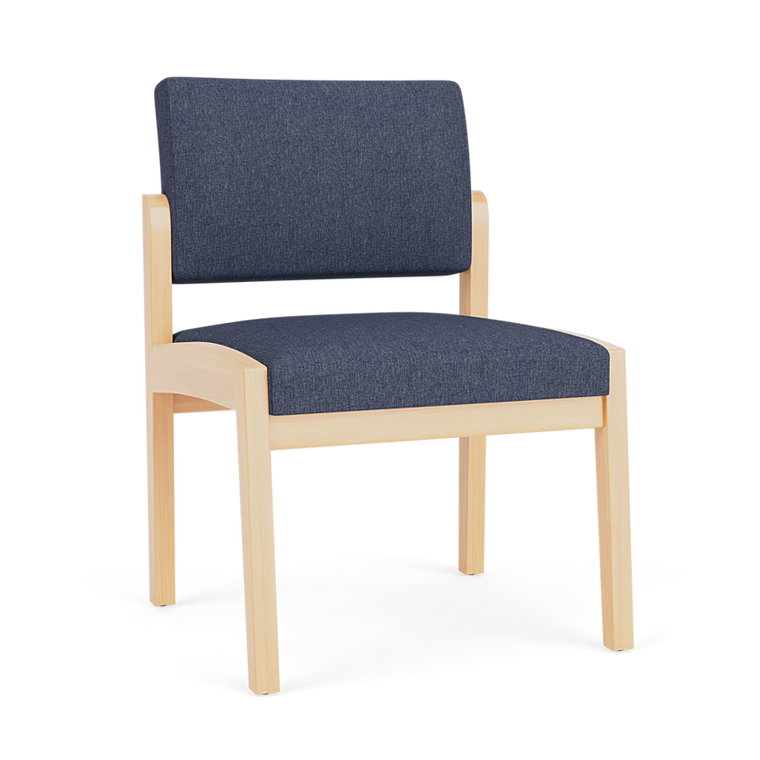 Lesro Lenox Wood Armless Guest Chair, Linette Vinyl Denim Upholstery, Natural Frame Finish, 3/4 Front View Lesro Lenox Wood Armless Guest Chair, Linette Vinyl Denim Upholstery, Natural Frame Finish, 3/4 Front View