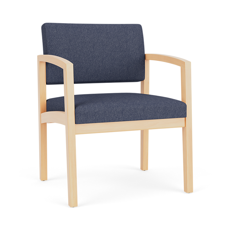 Lesro Lenox Wood Oversized Guest Chair, Linette Vinyl Denim Upholstery, Natural Frame Finish, 3/4 Front View Lesro Lenox Wood Oversized Guest Chair, Linette Vinyl Denim Upholstery, Natural Frame Finish, 3/4 Front View