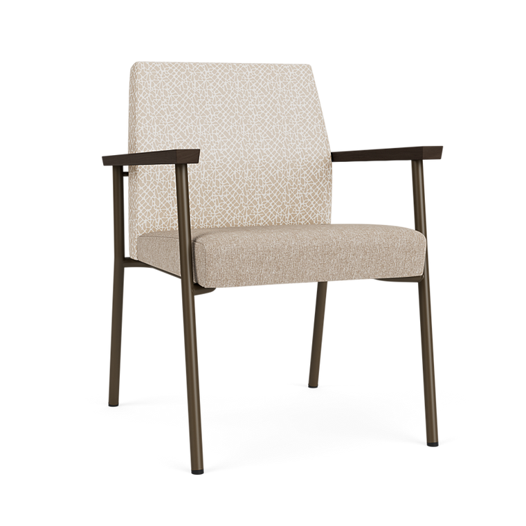Lesro Mystic Guest Chair, Aerial Vinyl Slipper Back Upholstery, Linette Vinyl Stone Seat Upholstery, Bronze Frame Finish, Mocha Armcaps, 3/4 Front View Lesro Mystic Guest Chair, Aerial Vinyl Slipper Back Upholstery, Linette Vinyl Stone Seat Upholstery, Bronze Frame Finish, Mocha Armcaps, 3/4 Front View